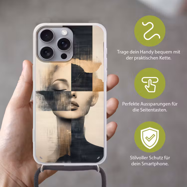 Goud - Vrouw - Rechthoeken Hoesje iPhone 16 Pro Max met koord klein -sfeer2_DE