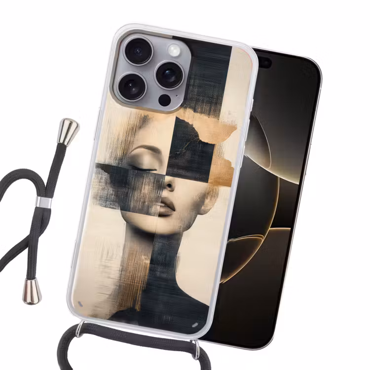 Goud - Vrouw - Rechthoeken Hoesje iPhone 16 Pro Max met koord klein -sfeer1