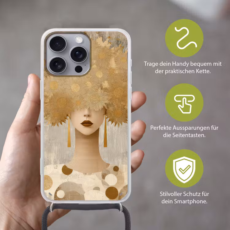 Goud - Portret - Vrouw Hoesje iPhone 16 Pro Max met koord klein -sfeer2_DE