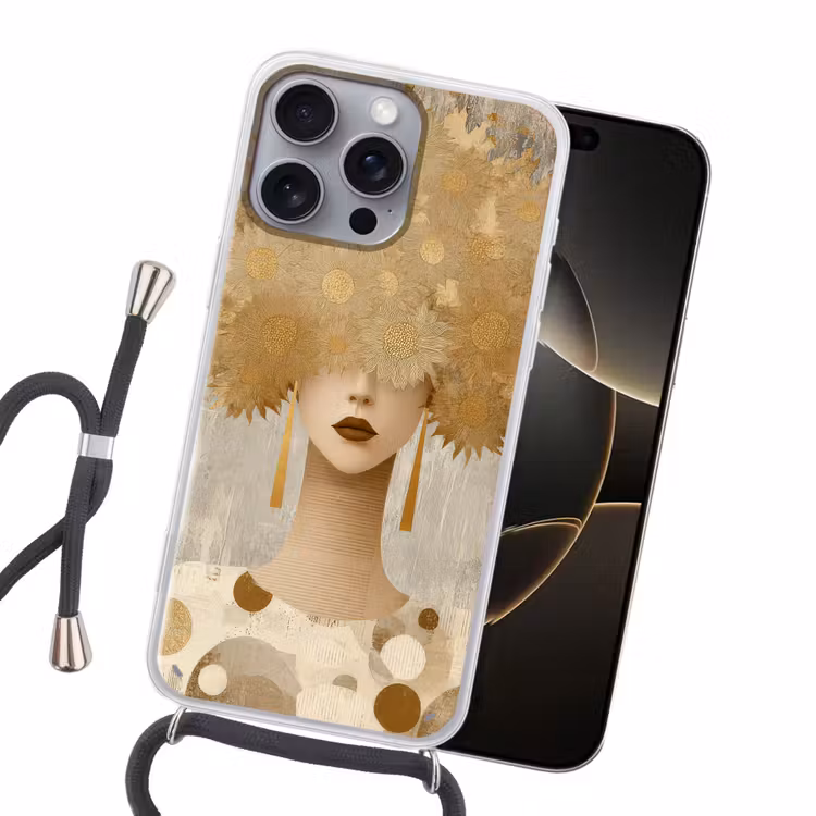 Goud - Portret - Vrouw Hoesje iPhone 16 Pro Max met koord klein -sfeer1