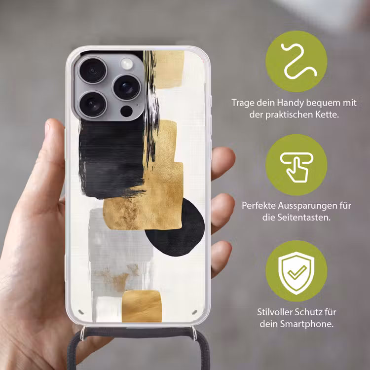 Goud - Rechthoeken - Cirkels - Abstract Hoesje iPhone 16 Pro Max met koord klein -sfeer2_DE