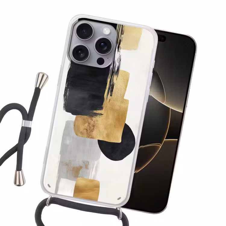 Goud - Rechthoeken - Cirkels - Abstract Hoesje iPhone 16 Pro Max met koord klein -sfeer1