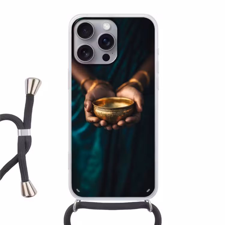 Goud - Kom - Blauw Hoesje iPhone 16 Pro Max met koord klein -3d