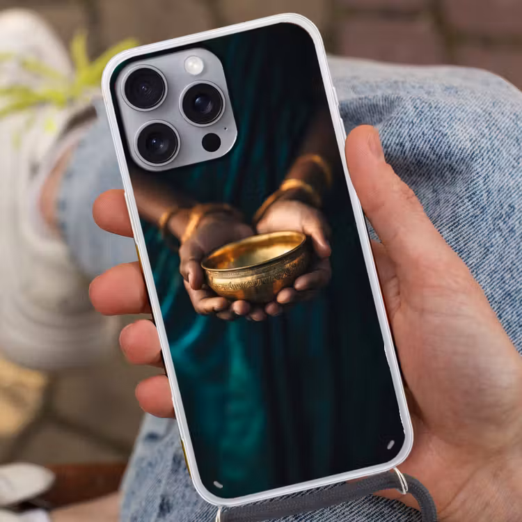 Goud - Kom - Blauw Hoesje iPhone 16 Pro Max met koord klein -sfeer3