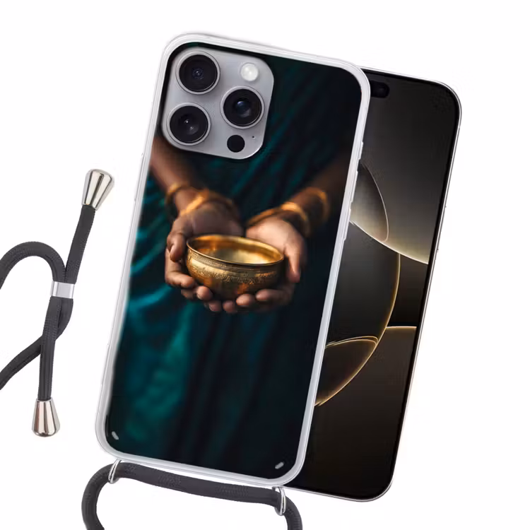Goud - Kom - Blauw Hoesje iPhone 16 Pro Max met koord klein -sfeer1
