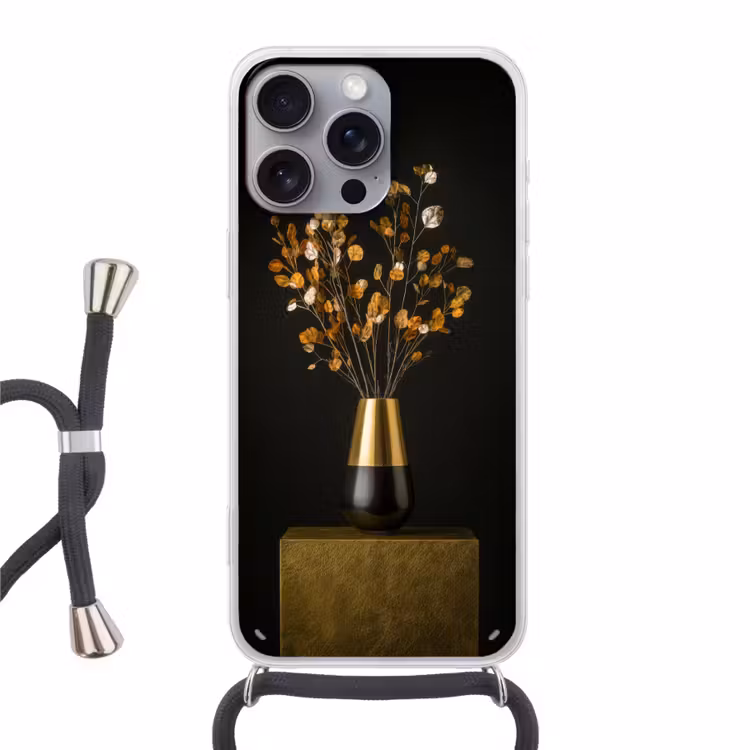 Goudbruine - Bladeren - Vaas - Herfstachtig Hoesje iPhone 16 Pro Max met koord klein -3d