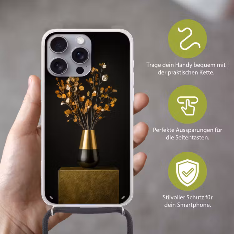 Goudbruine - Bladeren - Vaas - Herfstachtig Hoesje iPhone 16 Pro Max met koord klein -sfeer2_DE
