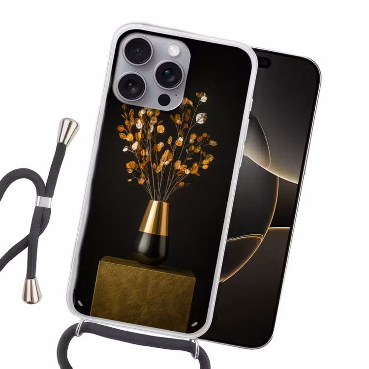 Goudbruine - Bladeren - Vaas - Herfstachtig Hoesje iPhone 16 Pro Max met koord klein -sfeer1