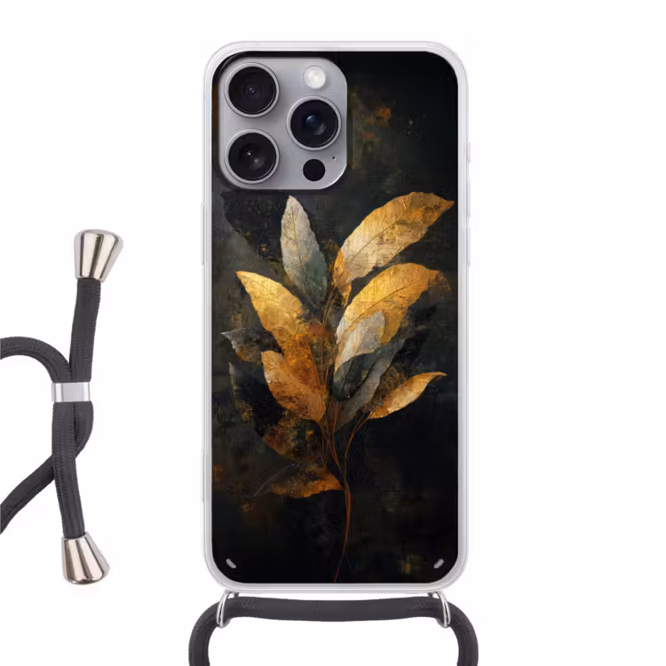 Gouden Bladcompositie – Botanische Luxe Hoesje iPhone 16 Pro Max met koord klein -3d