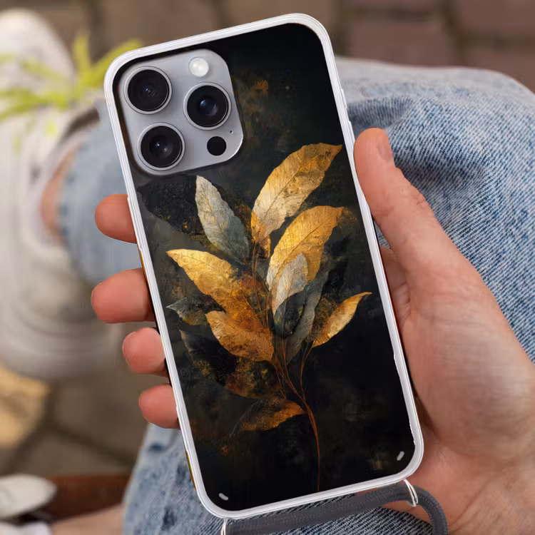 Gouden Bladcompositie – Botanische Luxe Hoesje iPhone 16 Pro Max met koord klein -sfeer3