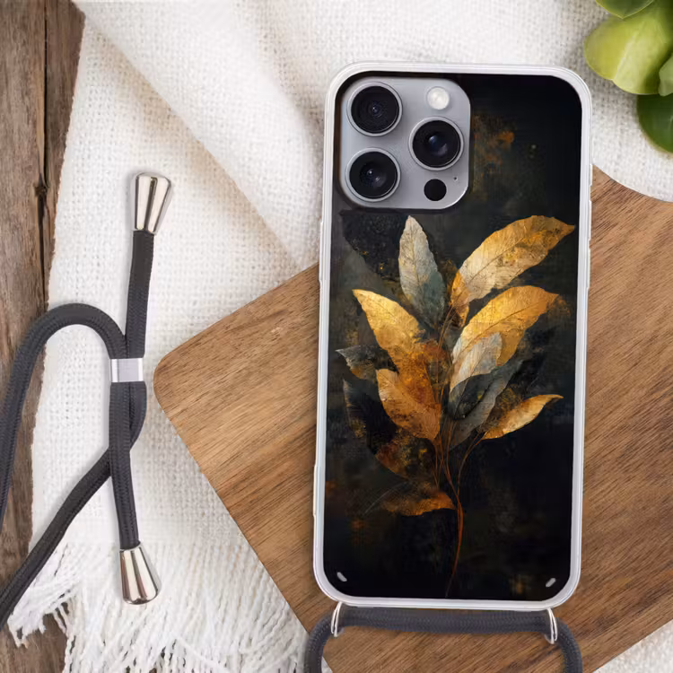 Gouden Bladcompositie – Botanische Luxe Hoesje iPhone 16 Pro Max met koord klein -sfeer4