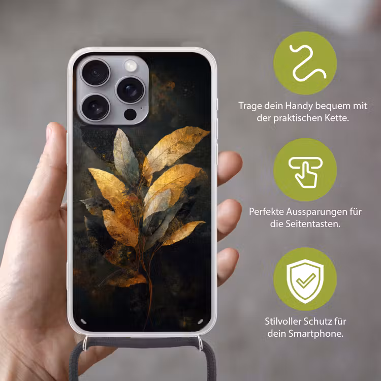 Gouden Bladcompositie – Botanische Luxe Hoesje iPhone 16 Pro Max met koord klein -sfeer2_DE