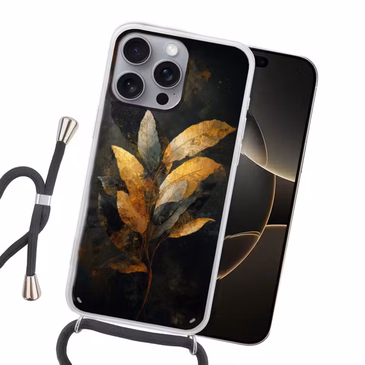Gouden Bladcompositie – Botanische Luxe Hoesje iPhone 16 Pro Max met koord klein -sfeer1