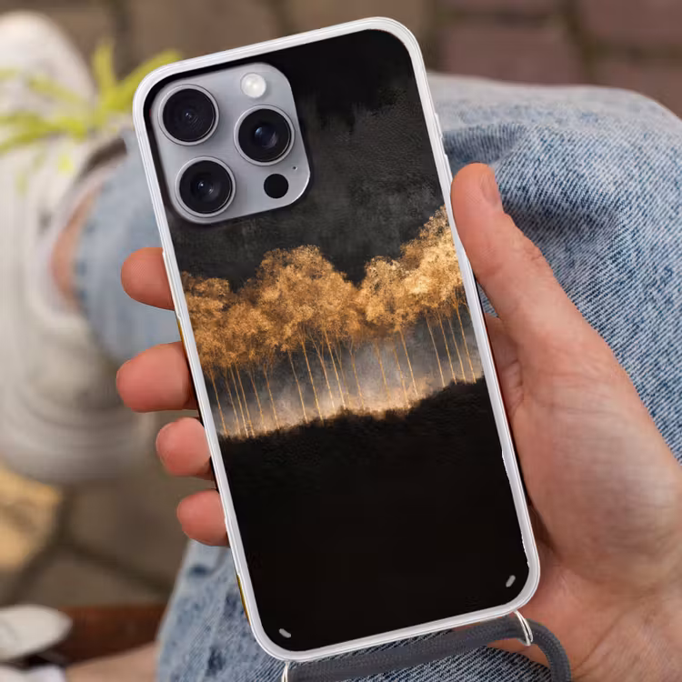 Gouden Bomen in Mistig Landschap Hoesje iPhone 16 Pro Max met koord klein -sfeer3