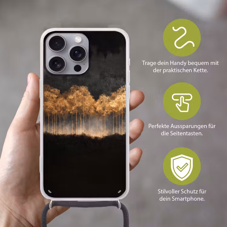 Gouden Bomen in Mistig Landschap Hoesje iPhone 16 Pro Max met koord klein -sfeer2_DE