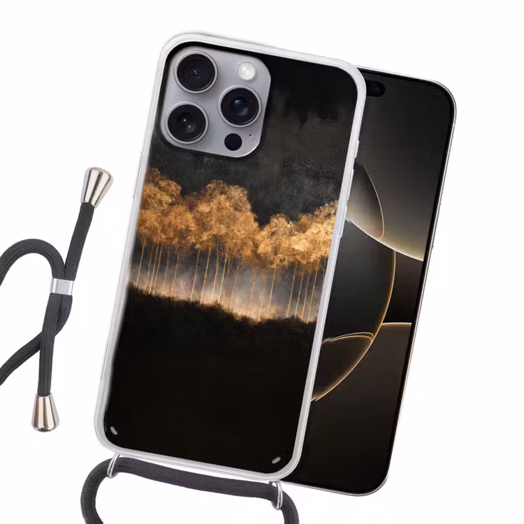 Gouden Bomen in Mistig Landschap Hoesje iPhone 16 Pro Max met koord klein -sfeer1
