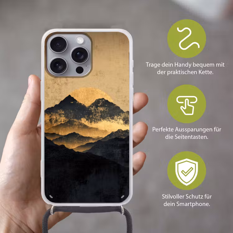 Gouden Bergen bij Maanlicht Hoesje iPhone 16 Pro Max met koord klein -sfeer2_DE