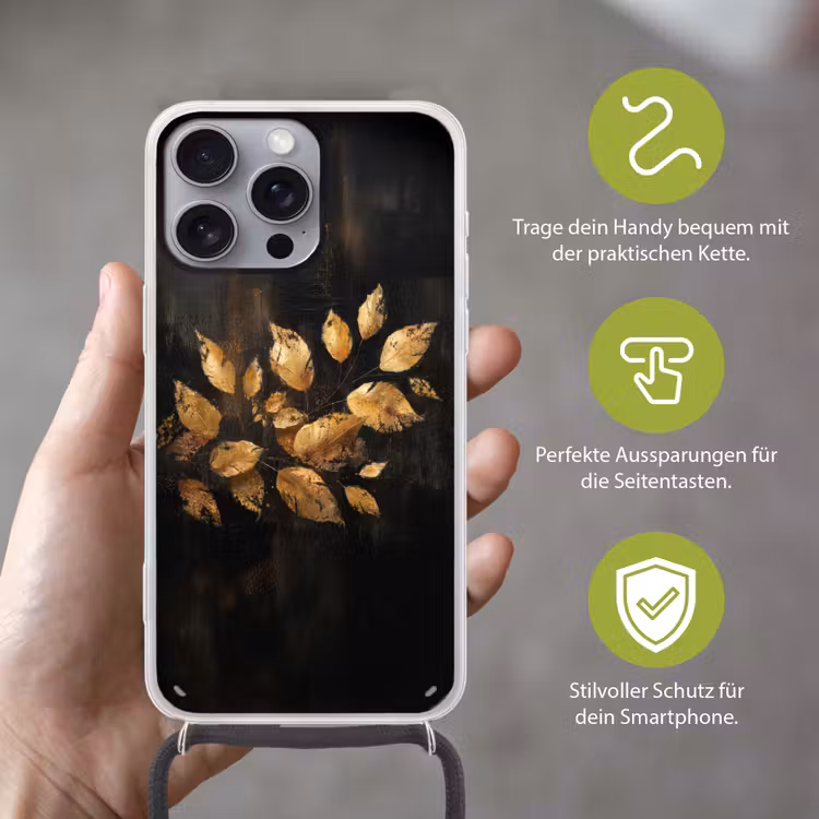 Gouden Bladeren op Donkere Achtergrond Hoesje iPhone 16 Pro Max met koord klein -sfeer2_DE