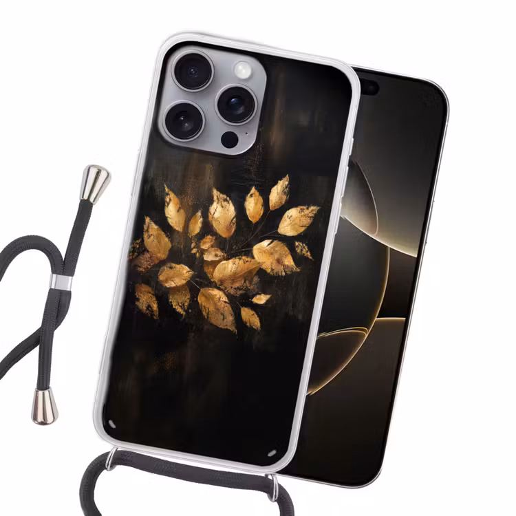 Gouden Bladeren op Donkere Achtergrond Hoesje iPhone 16 Pro Max met koord klein -sfeer1