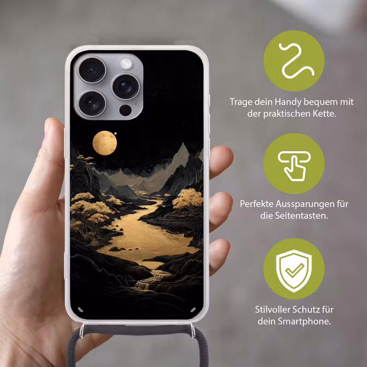 Gouden rivier - Bergen - Maan - Sterrenhemel Hoesje iPhone 16 Pro Max met koord klein -sfeer2_DE