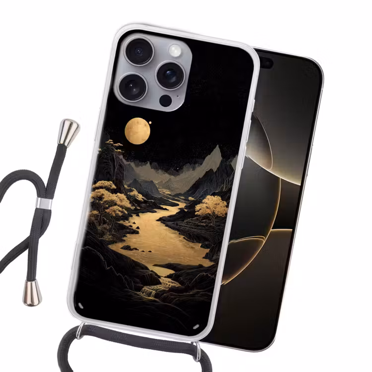 Gouden rivier - Bergen - Maan - Sterrenhemel Hoesje iPhone 16 Pro Max met koord klein -sfeer1