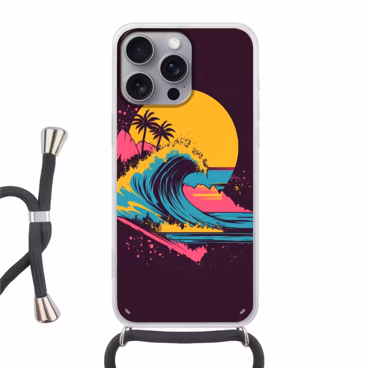 Golf - Kleurrijk - Zon - Palmbomen Hoesje iPhone 16 Pro Max met koord klein -3d