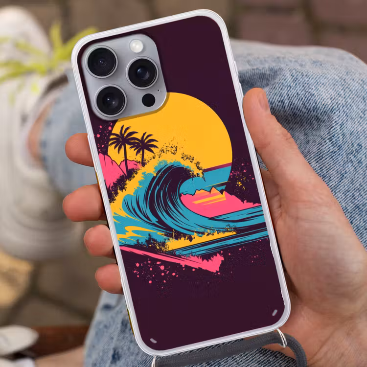 Golf - Kleurrijk - Zon - Palmbomen Hoesje iPhone 16 Pro Max met koord klein -sfeer3