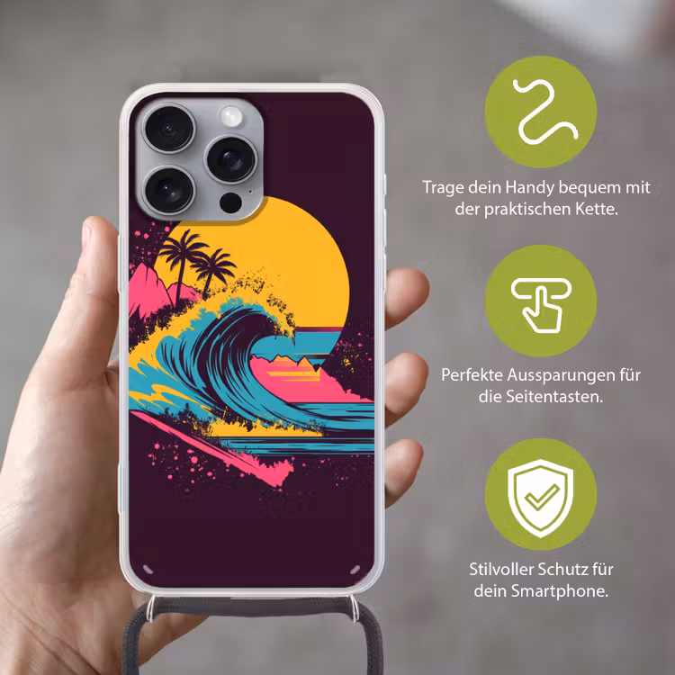 Golf - Kleurrijk - Zon - Palmbomen Hoesje iPhone 16 Pro Max met koord klein -sfeer2_DE