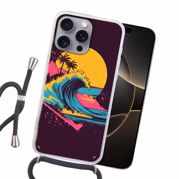 Golf - Kleurrijk - Zon - Palmbomen Hoesje iPhone 16 Pro Max met koord klein -sfeer1