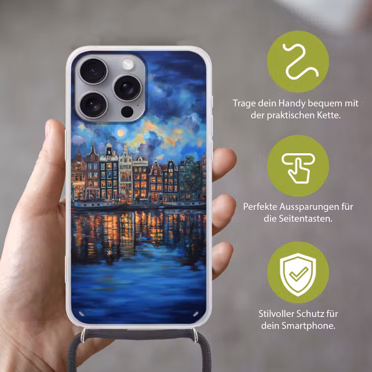 Grachten Amsterdam - Huizen - Stad - Kleurrijk Hoesje iPhone 16 Pro Max met koord klein -sfeer2_DE