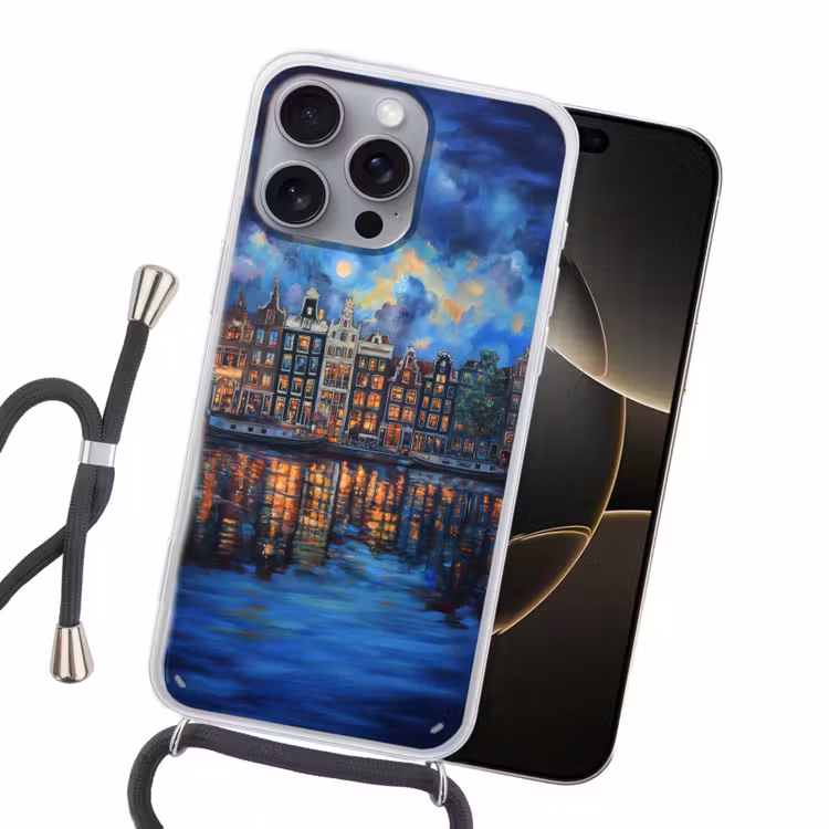 Grachten Amsterdam - Huizen - Stad - Kleurrijk Hoesje iPhone 16 Pro Max met koord klein -sfeer1
