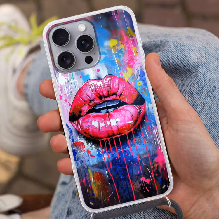 Graffiti - Lippen - Felroze - Geschilderd Hoesje iPhone 16 Pro Max met koord klein -sfeer3