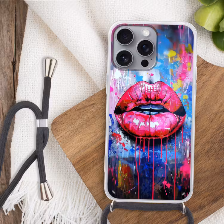 Graffiti - Lippen - Felroze - Geschilderd Hoesje iPhone 16 Pro Max met koord klein -sfeer4