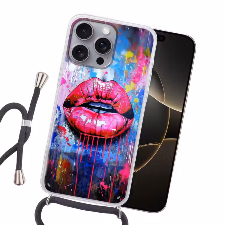 Graffiti - Lippen - Felroze - Geschilderd Hoesje iPhone 16 Pro Max met koord klein -sfeer1