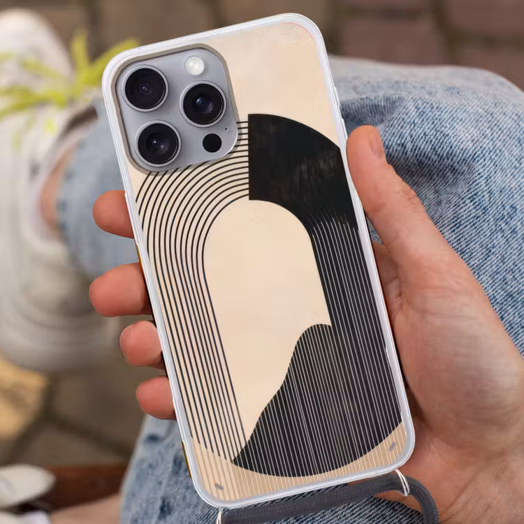 Grafisch gebogen motief - Beige Hoesje iPhone 16 Pro Max met koord klein -sfeer3