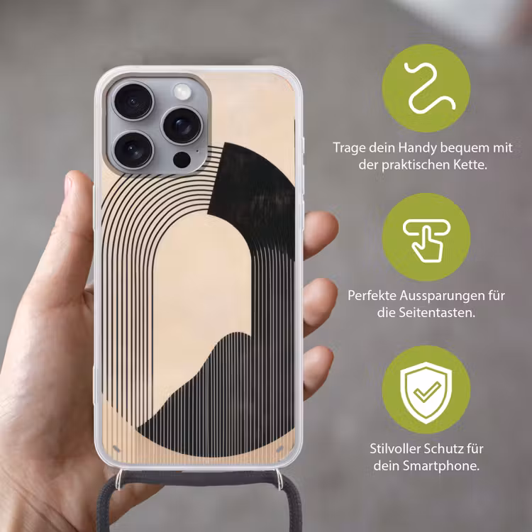 Grafisch gebogen motief - Beige Hoesje iPhone 16 Pro Max met koord klein -sfeer2_DE