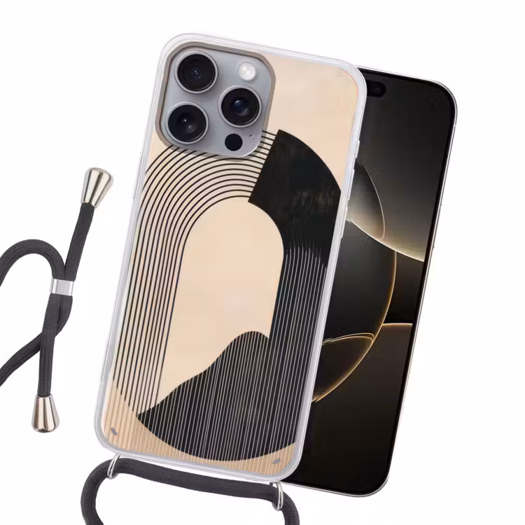 Grafisch gebogen motief - Beige Hoesje iPhone 16 Pro Max met koord klein -sfeer1