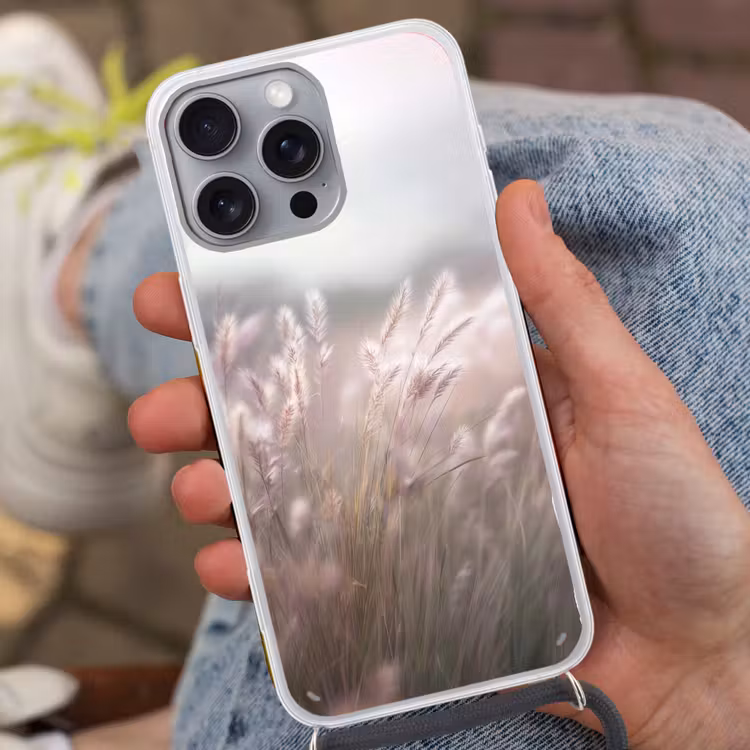Graspluimen - Wind - Beige - Mistig Hoesje iPhone 16 Pro Max met koord klein -sfeer3