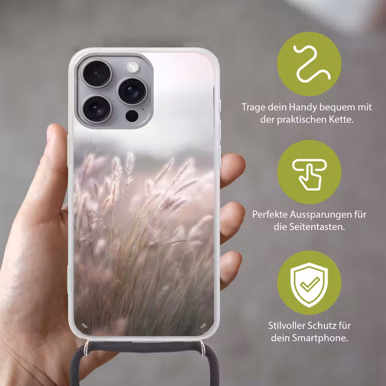 Graspluimen - Wind - Beige - Mistig Hoesje iPhone 16 Pro Max met koord klein -sfeer2_DE