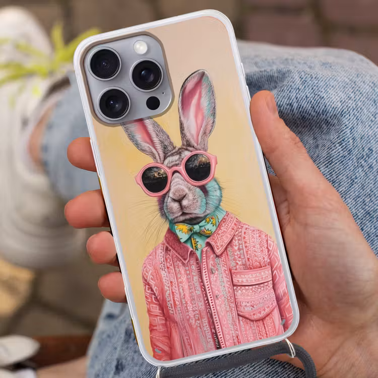 Grijs - Konijn - Blouse - Strik Hoesje iPhone 16 Pro Max met koord klein -sfeer3