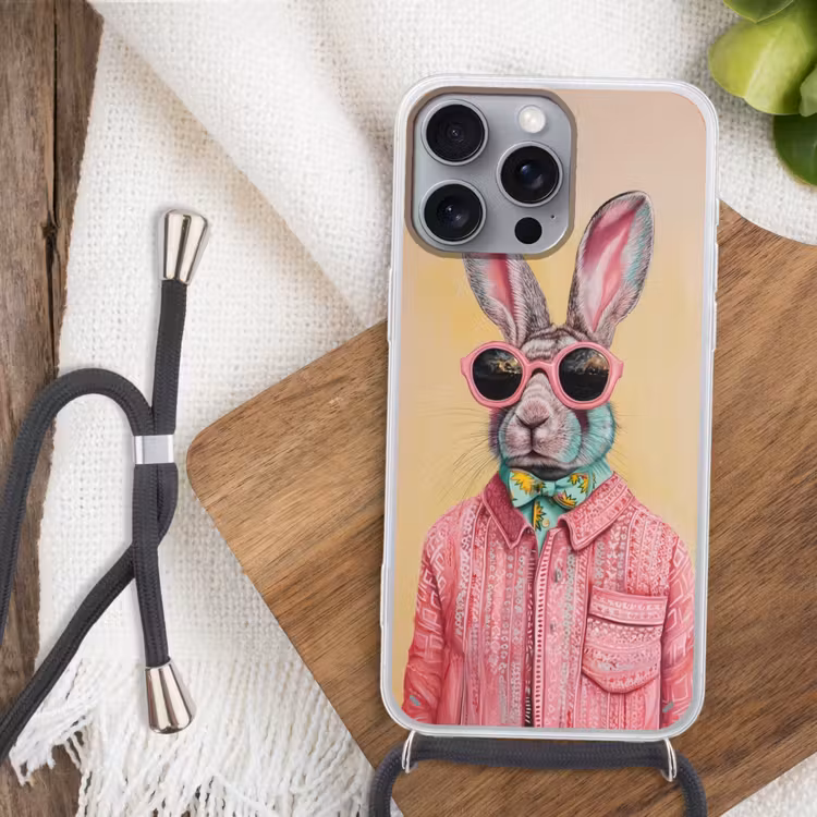 Grijs - Konijn - Blouse - Strik Hoesje iPhone 16 Pro Max met koord klein -sfeer4