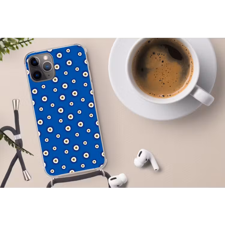 Griekse Boze Oog - Patroon - Blauw Hoesje iPhone 12 Pro met koord klein -oordop