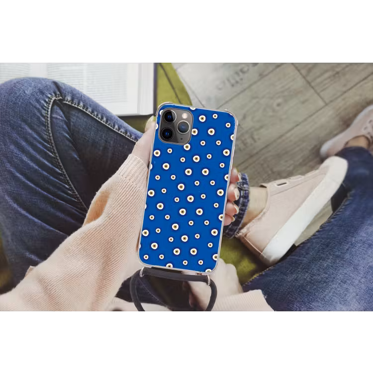 Griekse Boze Oog - Patroon - Blauw Hoesje iPhone 12 Pro met koord klein -hand