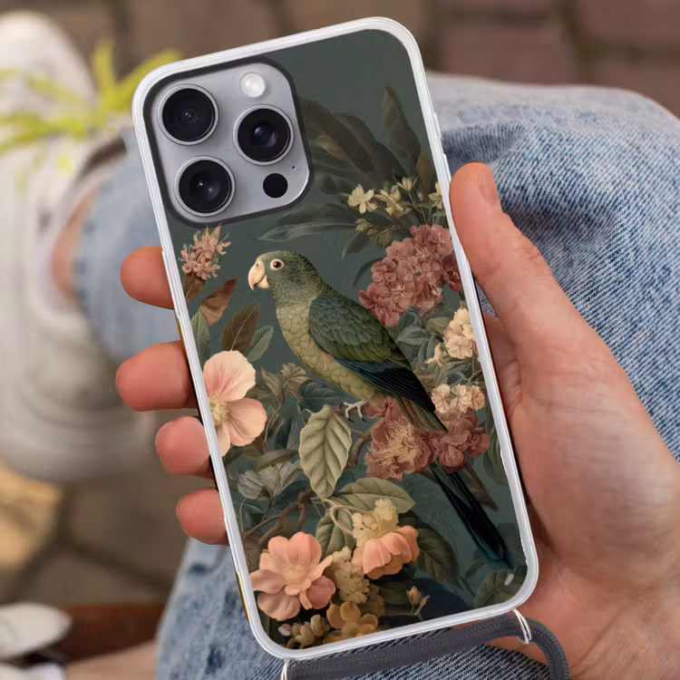Groene papegaai - Kleurrijke bloemen - Donkere achtergrond Hoesje iPhone 16 Pro Max met koord klein -sfeer3