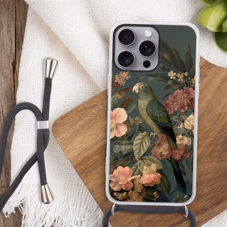 Groene papegaai - Kleurrijke bloemen - Donkere achtergrond Hoesje iPhone 16 Pro Max met koord klein -sfeer4