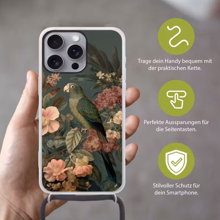 Groene papegaai - Kleurrijke bloemen - Donkere achtergrond Hoesje iPhone 16 Pro Max met koord klein -sfeer2_DE