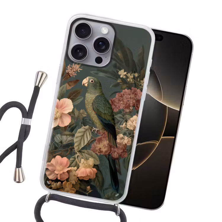 Groene papegaai - Kleurrijke bloemen - Donkere achtergrond Hoesje iPhone 16 Pro Max met koord klein -sfeer1