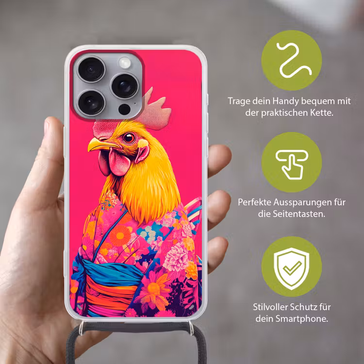 Haan - Kleurrijk - Kimono - Roze Hoesje iPhone 16 Pro Max met koord klein -sfeer2_DE