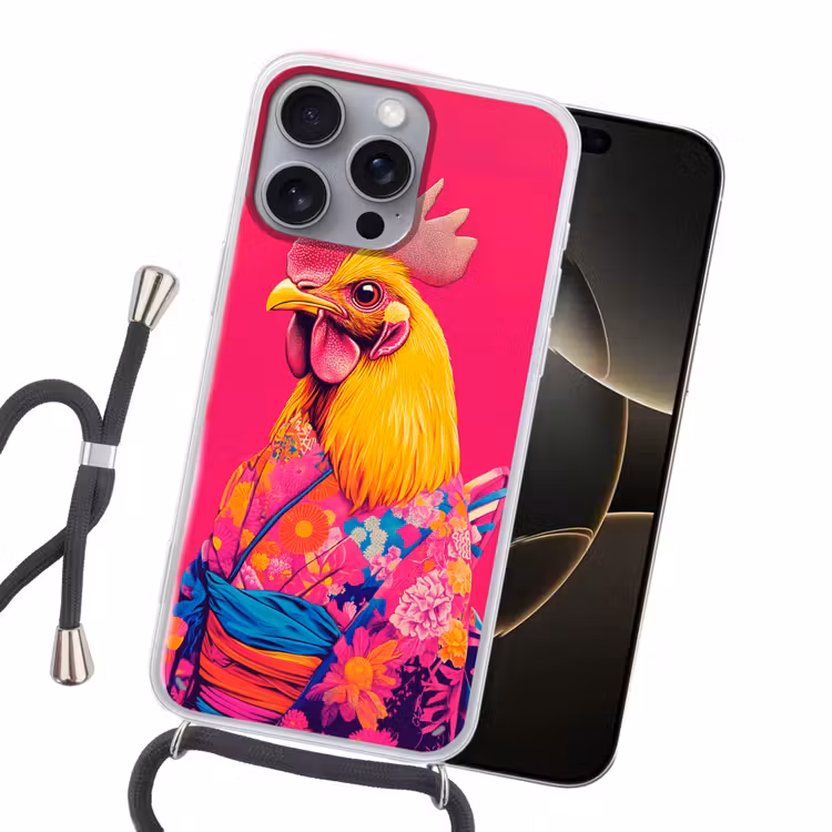 Haan - Kleurrijk - Kimono - Roze Hoesje iPhone 16 Pro Max met koord klein -sfeer1