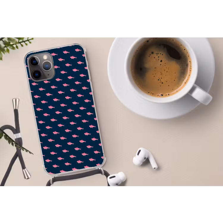 Haaien - Roze - Blauw - Zeedieren Hoesje iPhone 12 Pro met koord klein -oordop